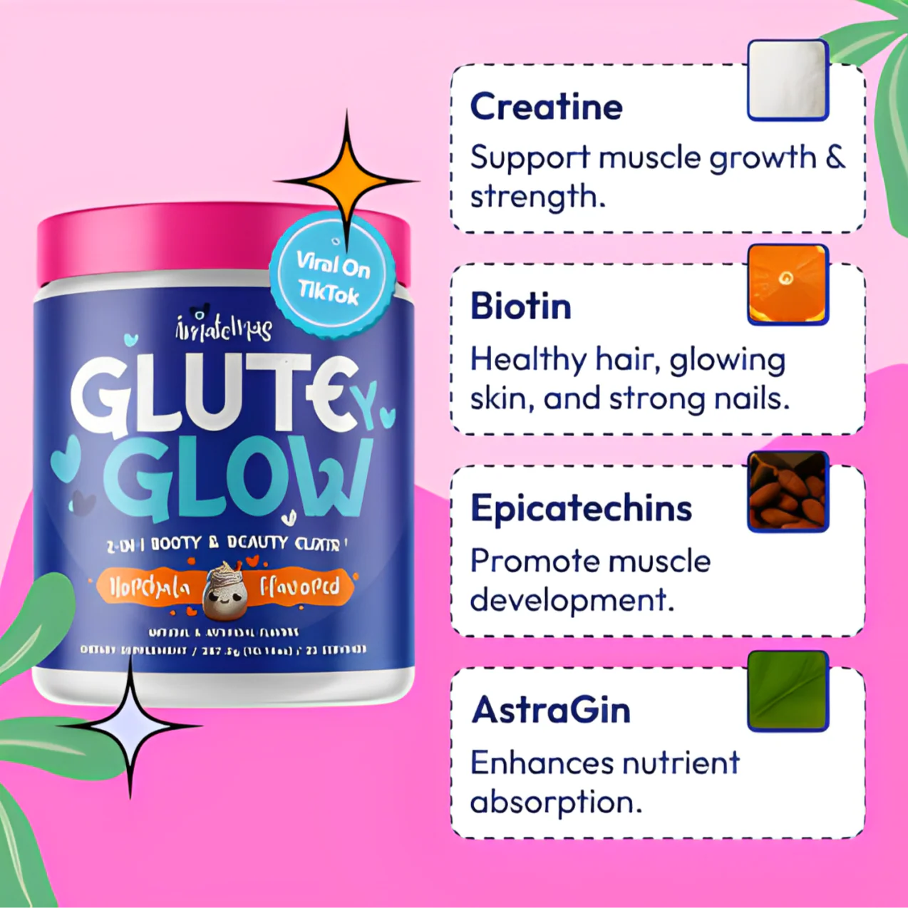 Glute Y Glow by Amatemas – Women's Creatine + Biotin Supplement for Muscle Growth, Glute Support, Hair Skin & Nails – Horchata Flavor – Energy Support – Lean Muscle – Daily Performance Blend